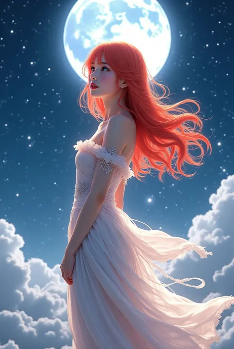 Anime girl dressed as a goddess with red hair looking at the stars under the moon