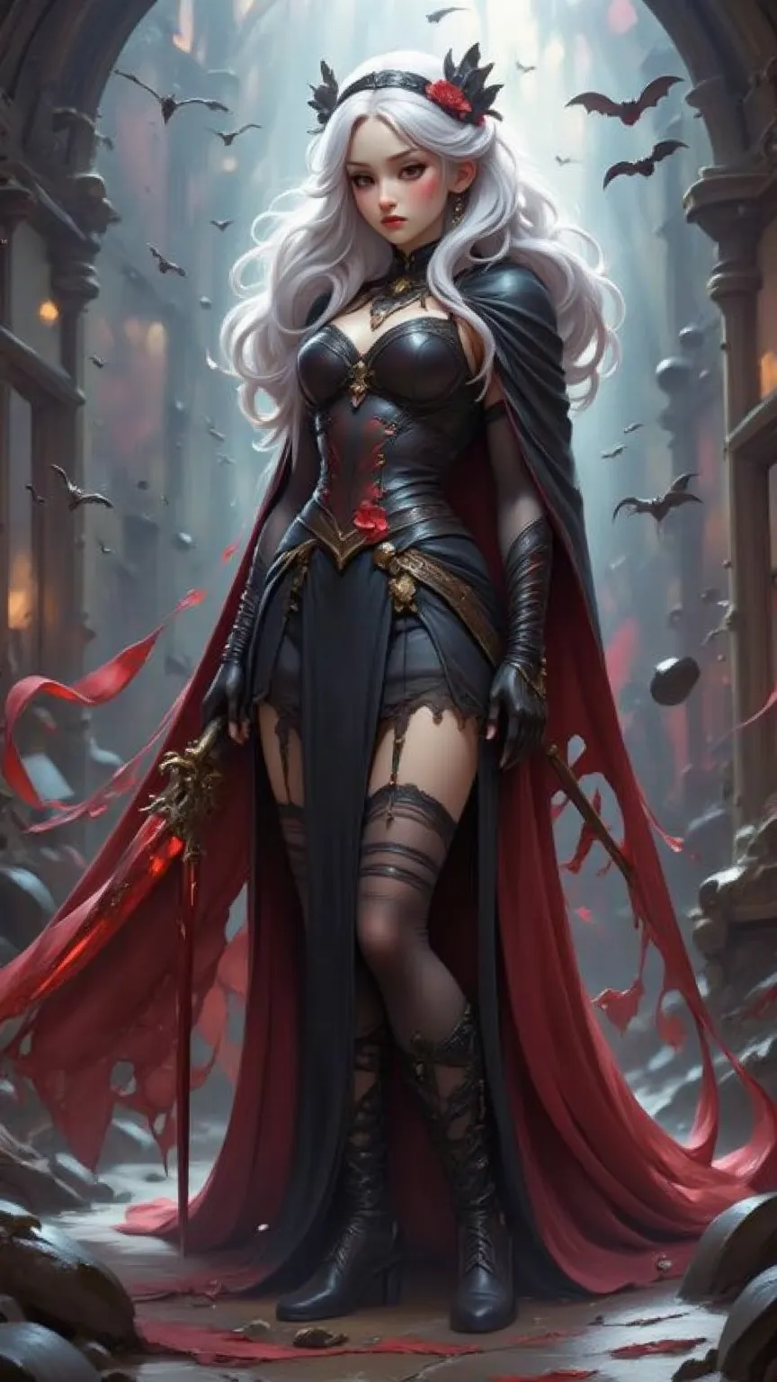 High Quality Gorgeous Dark Fantasy Japanese Vampire Girl,White Hair Vampire Hime,Headband Black Bow,Black and Red Gothic Lace Skirt with Long Leggings Leather Boots,Double-handed Gripping Floral Bloodline Giant Sword Chopping Position,Thick Blood Mist Surr...