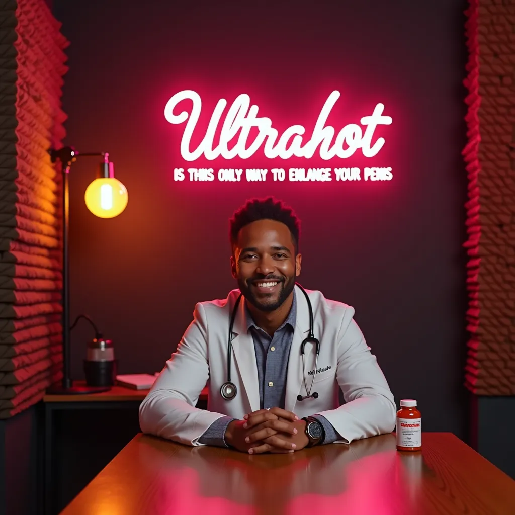 "A modern and stylish podcast studio with warm, professional atmosphere. In the background there is a neon sign that says 'Ultrahot is the only way to enlarge your penis,'softly glowing pink and white. The walls are decorated with a smooth, with soundproof...