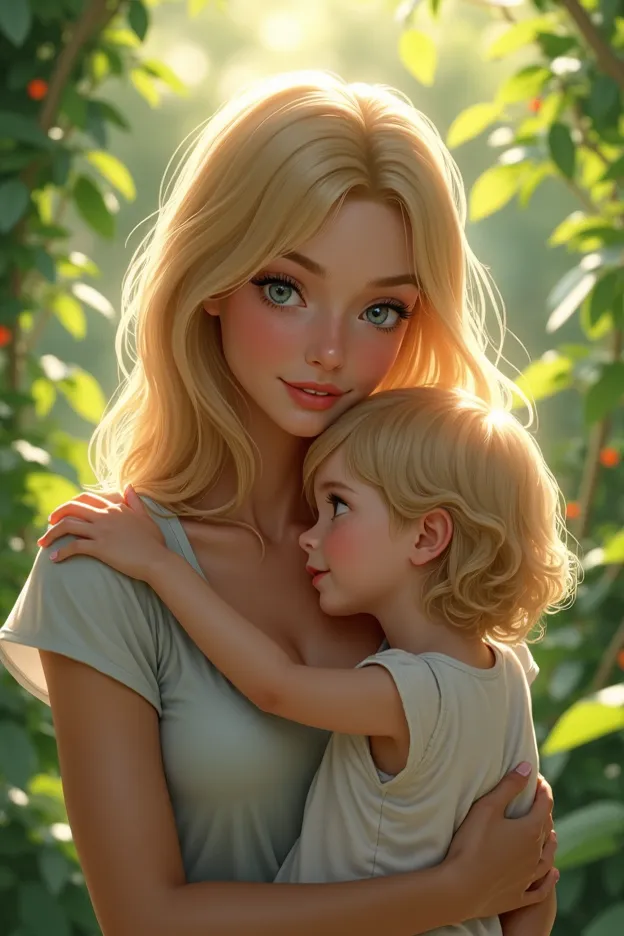 A beautiful young woman in her mid 20s,  medium length,  blond hair and blue eyes,  natural light,  with a blond  girl  in her arms, in a garden