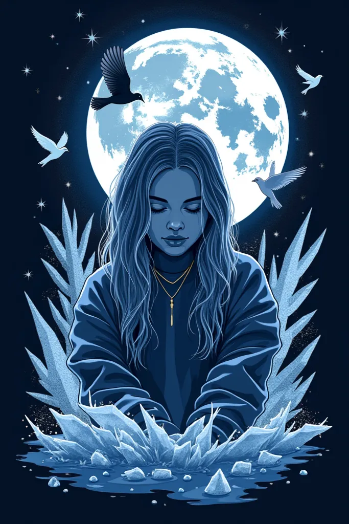 Create a modern and viral shirt print, inspired by music *"blue"* by Billie Eilish. The print must be visually impactful, without using text, and incorporates symbolic and emotional elements of the music, plus a stylized image of Billie Eilish herself. Use...