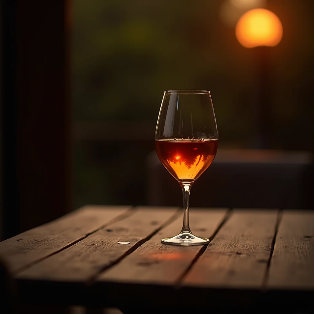 create as realistic an image as possible of a glass of orange wine on a table in the evening, Just one cup alone !