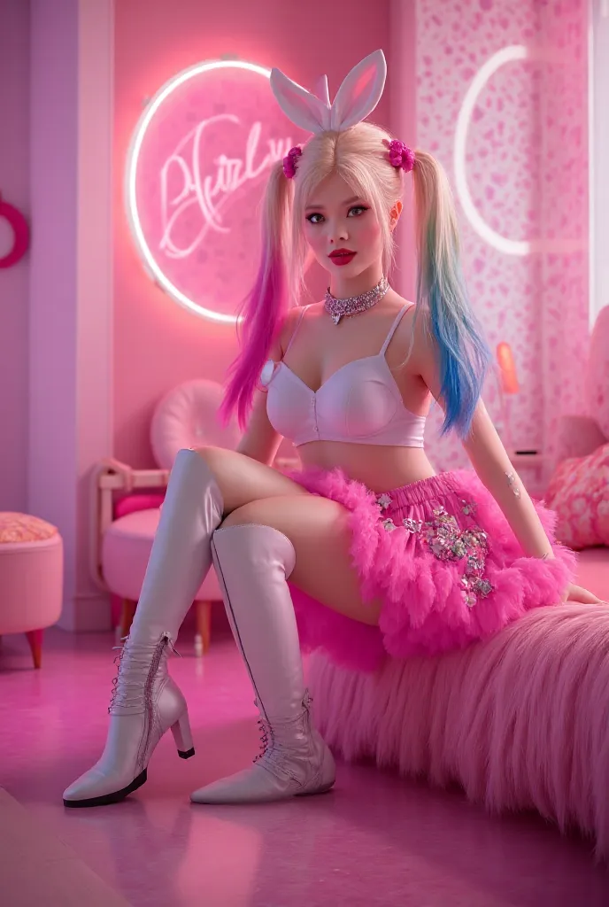 Ultra-realistic image of Harley Quinn with colored hair, bunny ear bow and white bodysuit, pink tulle skirt and boot. Pink bedroom background with pink circular light 