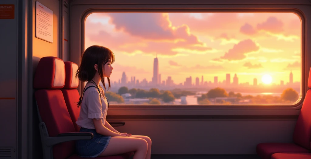 A highly detailed anime-style illustration with realistic lighting and shading. Inside a train, a young girl sits by a large window with her eyes closed, wearing a serene expression. Warm sunset light streams through the window, casting soft reflections on...