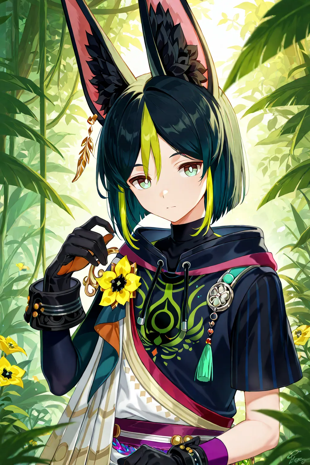 femboy furry tighnari \(genshin impact\). black gloves,medal,hoodie,tassel,asymmetrical sleeves,yellow flower,black shirt,two-tone hair,turtleneck,wrist cuffs