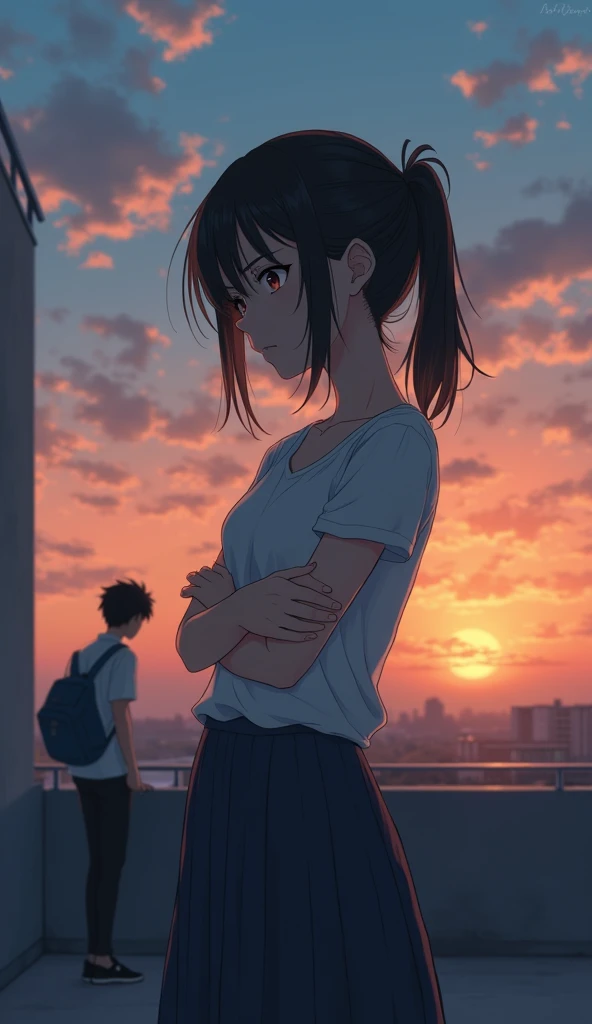 A melancholic anime-style illustration of a 22-year-old woman standing at a school rooftop, looking out at the fading sunset. Her arms are crossed over her chest as if hugging herself, her expression torn between admiration and self-doubt. In the far dista...