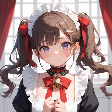 Hair: Long, dark brown, tied into two side ponytails with red ribbons. There is also a small tuft of hair on top of her head. Eyes: Large and expressive, with a bright blue-violet hue. Face: Delicate features, slightly blushed cheeks, with a neutral or sli...