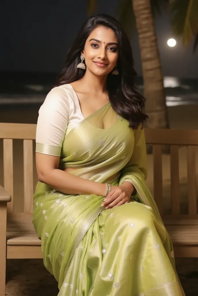 a lady sitting on a bench at the beach at night, tranparent white saree, sleeveless deep V neck body colour blouse, her curvy figure and large breasts with cleavage visible, fair skin tone, long dark hair8k, high quality, photorealistic, detailed, masterpi...