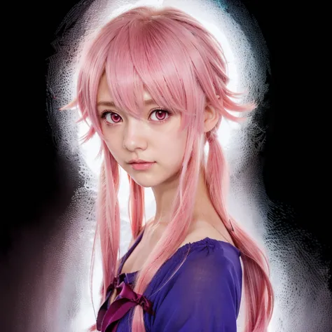 Anime girl with pink hair and pink eyes, Mirai Nikki, Pink chica,  double-tailed pink hair and cyan eyes, Gapmoe Yandere, Yandere,  Gasai Yuno, estilo de anime como Mirai Nikki,  demon anime girl , Gasai Yuno, Gapmoe Yandere grimdark, personaje de Mirai Ni...