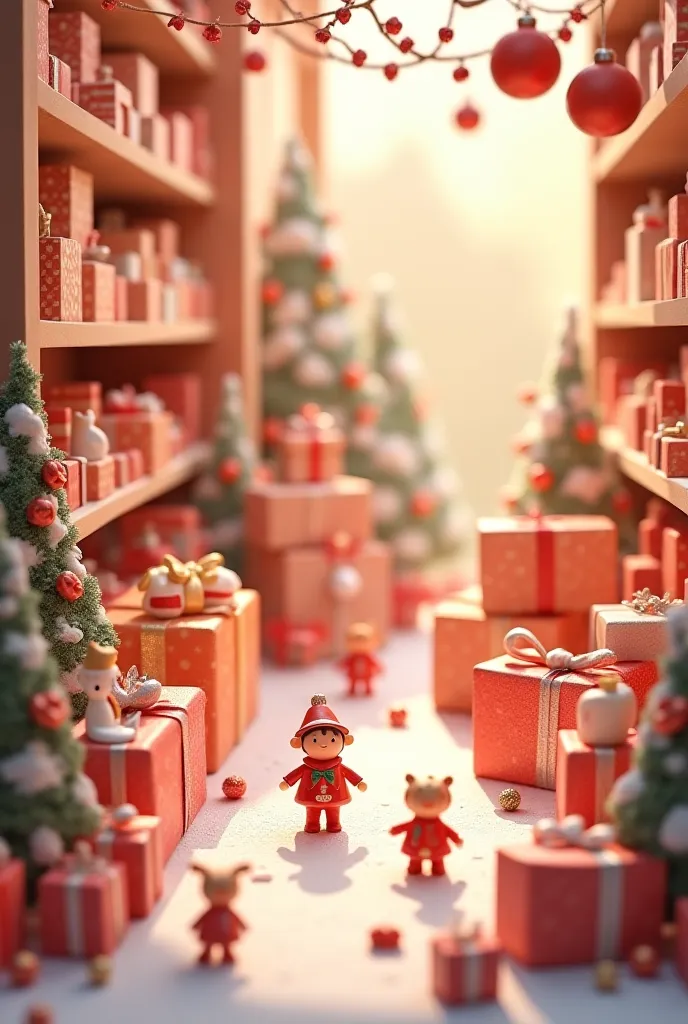 Tiny figures in a festive gift shop, holding beautifully wrapped presents, decorative figurines, and art pieces. Soft pastel colors, warm atmosphere.
