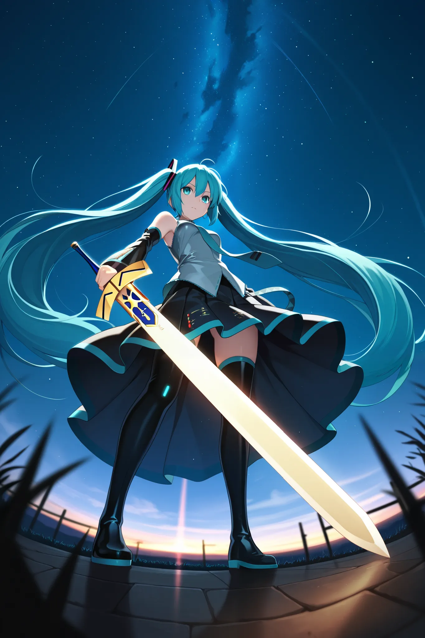 from below, foreshortening, fisheye, 1girl, hatsune miku, holding sword, excalibur \(fate/stay night\), standing, outside, night sky