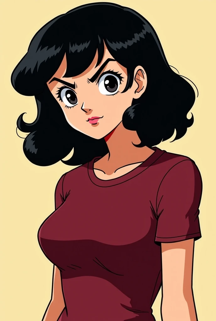 Panel comic one piece,chica, wavy black hair with volume, small thin and round black eyes, thick arched eyebrows ,  Serious Look T-Shirt, broad nose,lips thin upper part and thick lower part, wine red t-shirt, wide back and shoulders, slightly pronounced w...