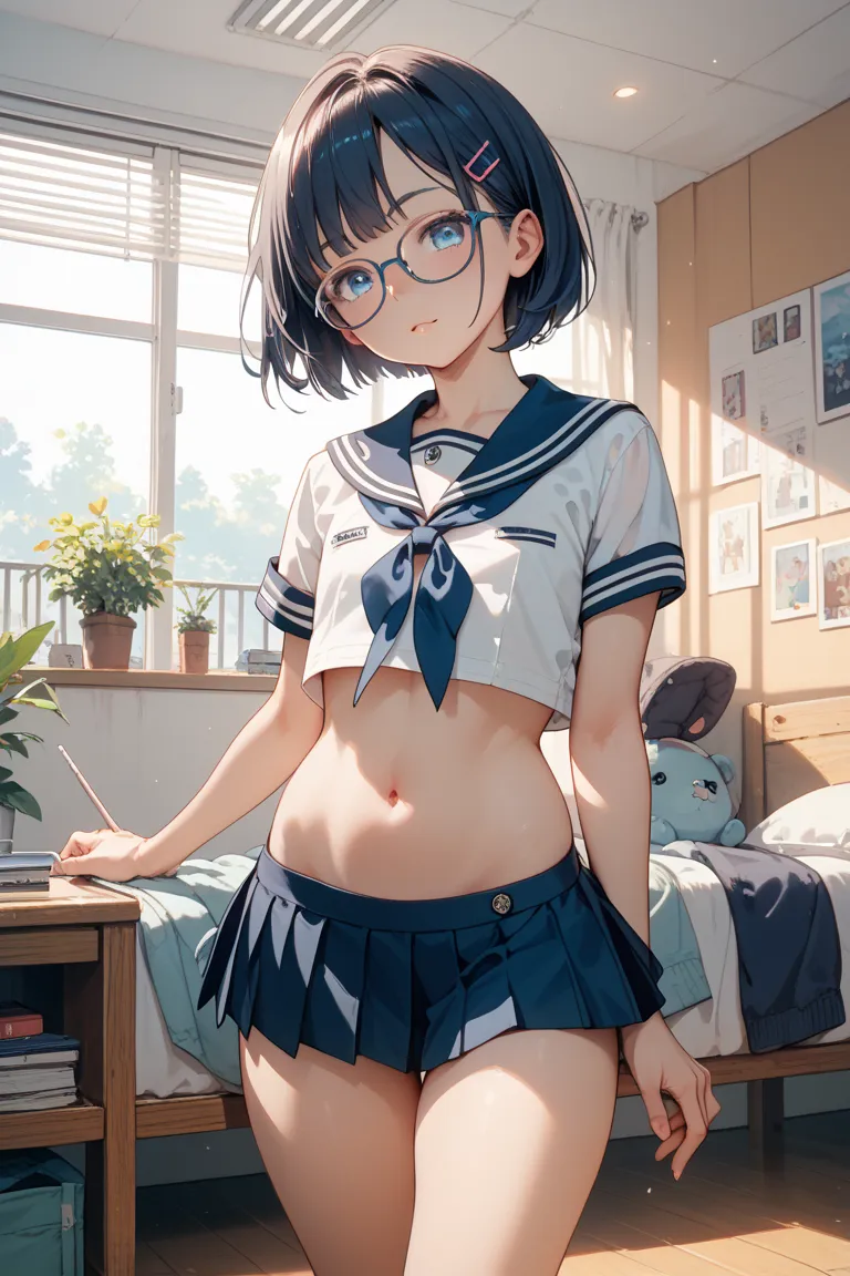 Anime style, high school girl with short hair, blue eyes, wearing sailor uniform with glasses, normal body with flat belly, thin thighs, flat chest, home room