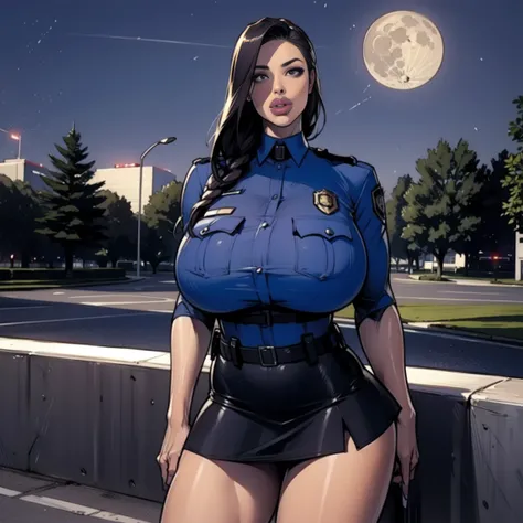 (High resolution CG), (  top quality ), (High resolution CG), (  top quality ),big miniskirt police  　    Police uniform in a park with a full moon , beauty,           plump lips   
