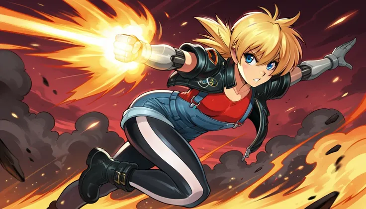 score_9, score_8_up, score_7_up, ultra quality, 1girl, blonde hair,, blue eyes, dungarees, denim shorts, black and white stripe leggings,  looking at viewer, small breasts, cybernetic arms,black jet boots,black  leather jacket,cyborg girl,one blue eye one ...