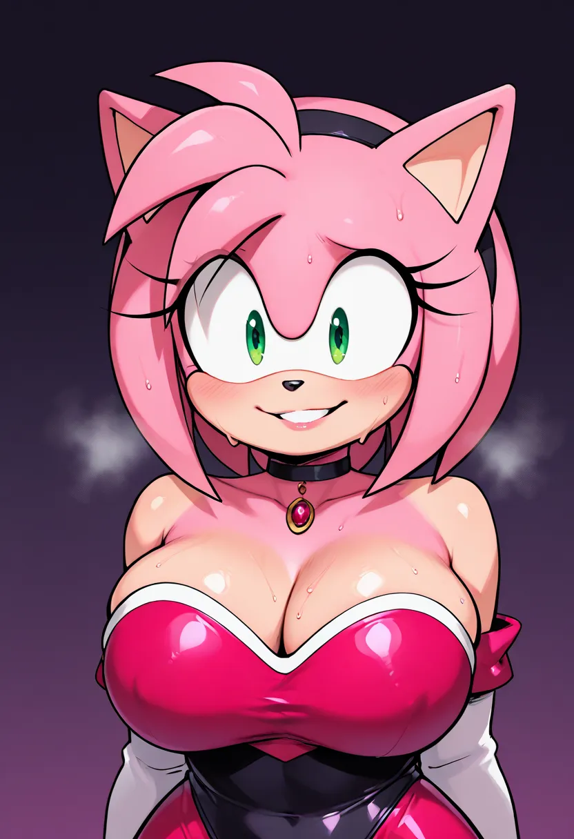 Furry Amy Rose from the game Sonic is with very big boobs and wearing Rouge the Bat clothing and looking slutty and blushing with a creepy smile and big eyes and sweating because of the heat and with heavy breathing