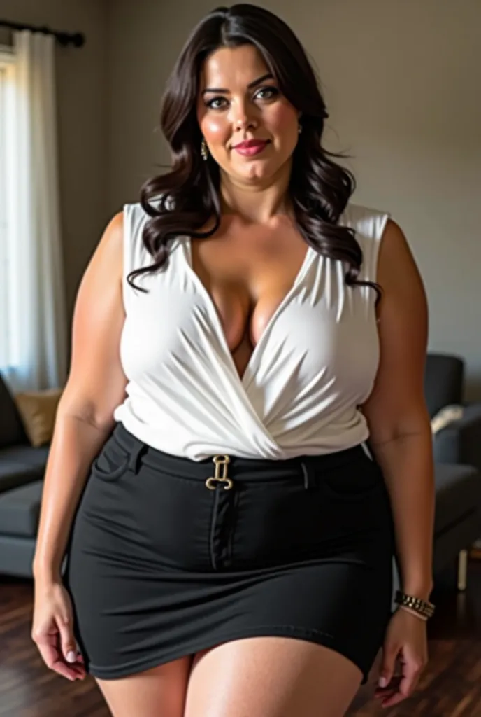 A slim mature woman with 36G cup breasts wearing a sleeveless white blouse and a black mini skirt with her thick thighs showing.