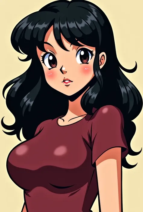 Panel comic one piece,chica, wavy black hair with volume, small thin black eyes , thick arched eyebrows ,  Serious Look T-Shirt, broad nose,lips thin upper part and thick lower part, wine red t-shirt, very small breasts. Very serious face, back length hair...