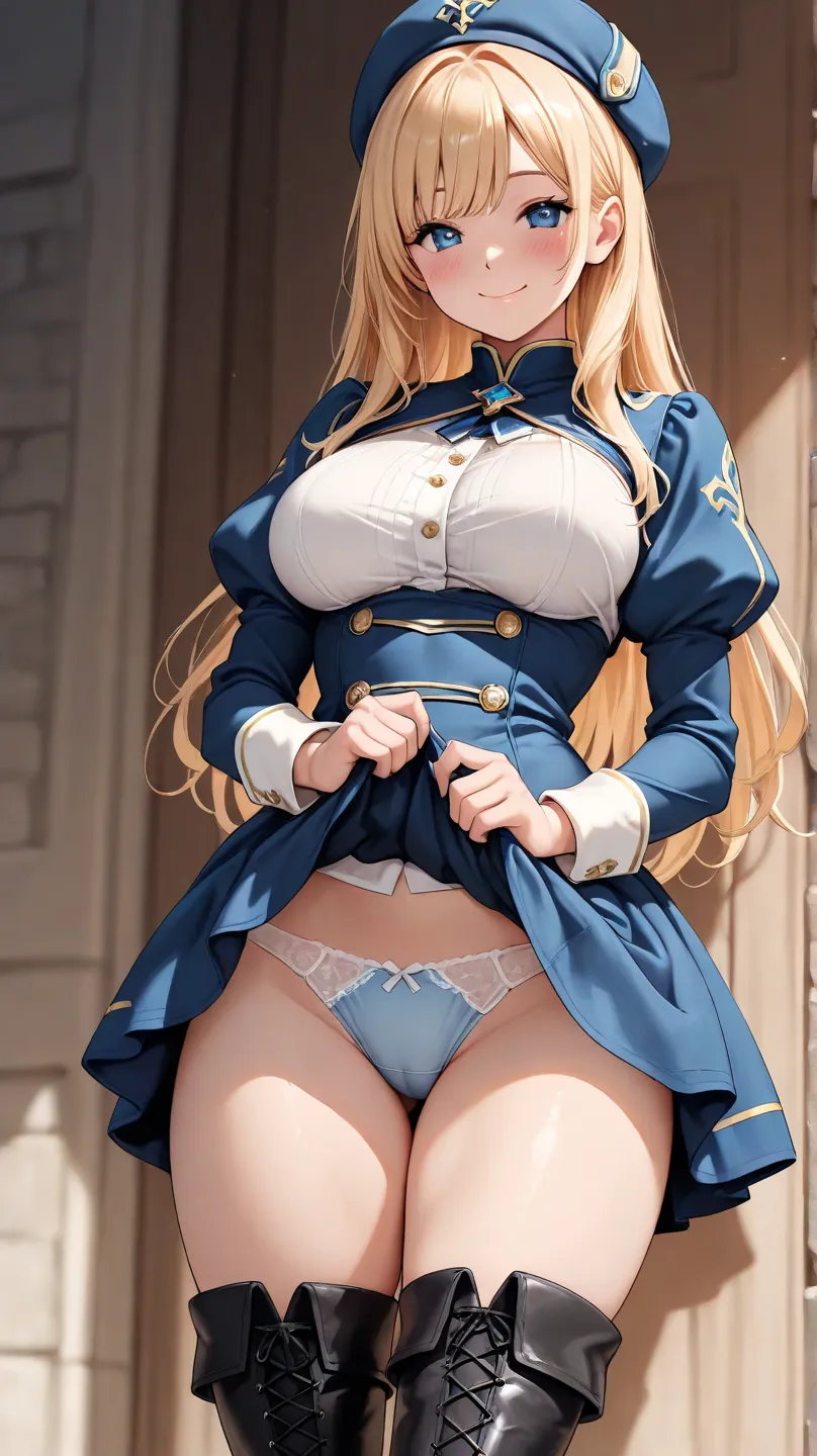 1girl,solo,long hair,looking at viewer,blush,blue eyes,large breasts,blonde hair,long sleeves,thighhighs,hat,closed mouth,medium breasts,underwear,thighs,puffy sleeves,clothes lift,thigh boots,skirt lift,lifted by self,juliet sleeves,smile