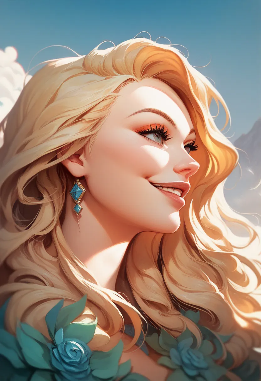 woman's face, long blonde hair, smiling, sun is red, (digital painting, concept art, smooth, sharp focus, intricate details, close-up, masterpiece: 1.2)