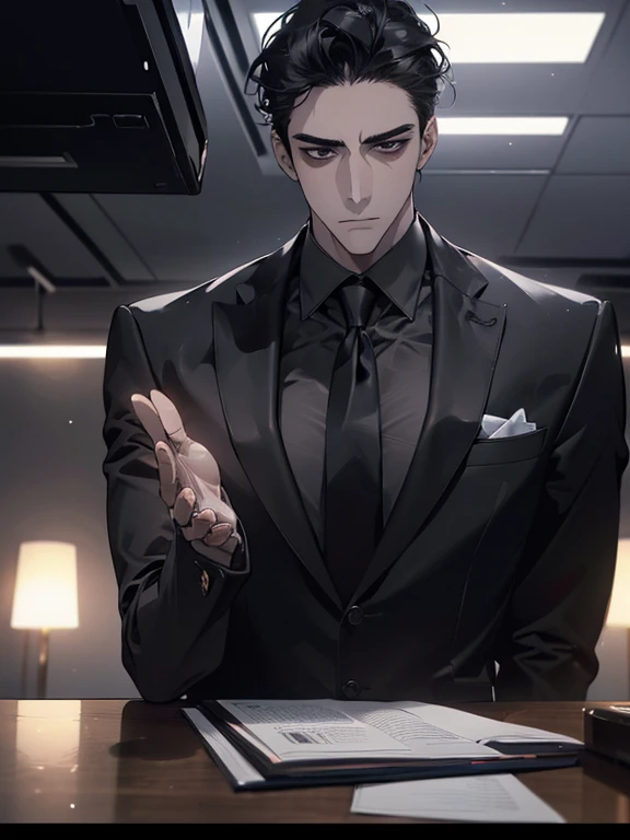 (porn, artwork, 8k, photorealistic, cinematic lighting, HDR image, ultra detailed,  pretty image ), 1 man, 31 years old, mature man, very pretty, ( Expressionless, Serious), short black hair, black eyes (  penetrating look), imposing posture, businessman, ...