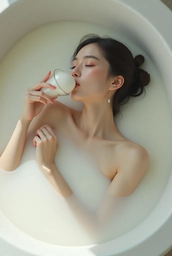 Make a beautiful woman bathe in milk, She's even drinking some milk