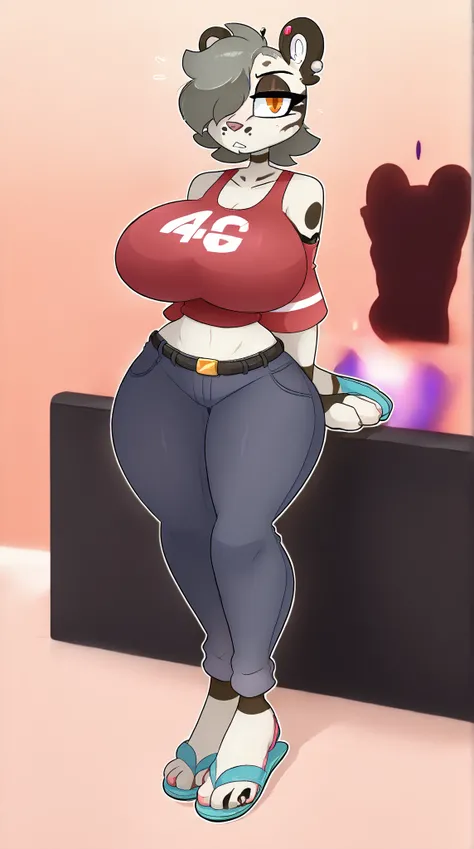 score_8_up, score_9_up, by kilinah, Yvette, ocelot, grey hair, orange eyes, crop top, big breasts,tight thicc black jeans,black belt,(((Gary mini fitted tank top))),full body,(((white flip flops)))