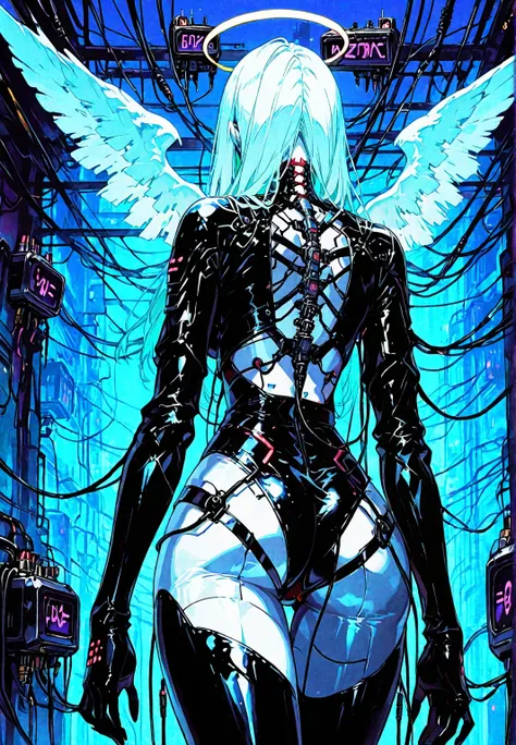 behind view: Angel girl, white skin, white wings , latex costume,  robotic circuits , breasts, devices futuristic,  (( suspended by electrical cables )), circuits, . Background: cyberpunk city. dark atmosphere.