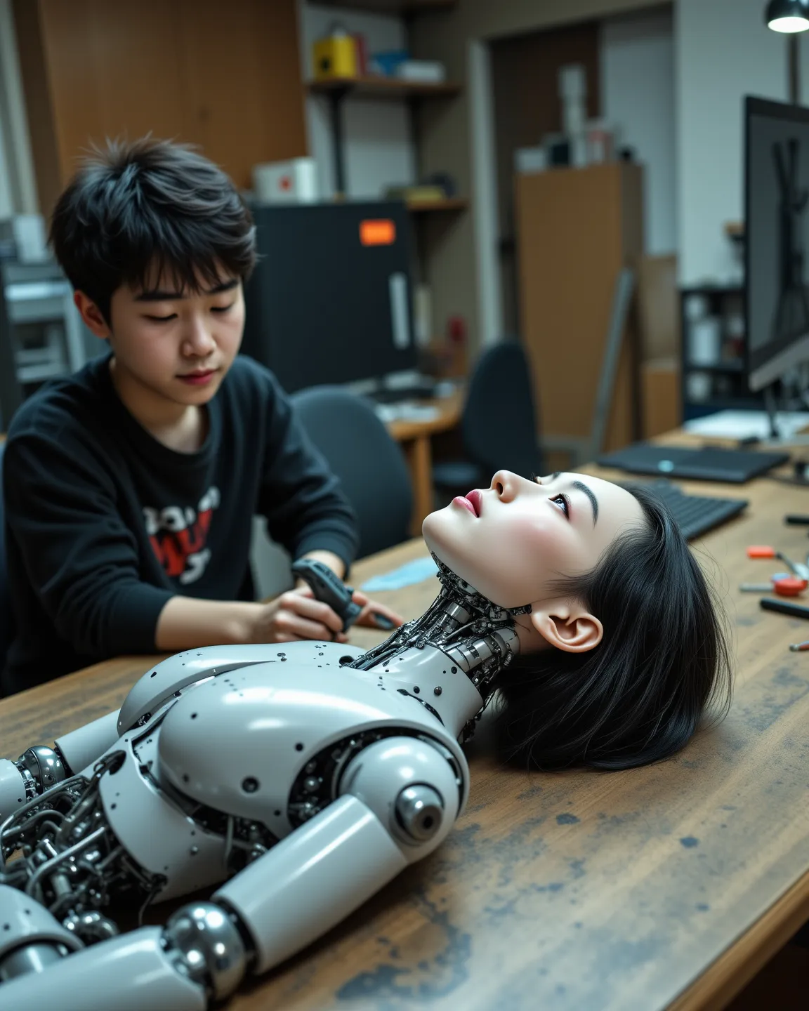 A college student is assembling a humanoid robot that only has an upper body like a Korean male star，Life-sized，Robot lying flat on workbench，welds，Human Face，Abdominal fullness，Chest Full ，Human Skin ，welds