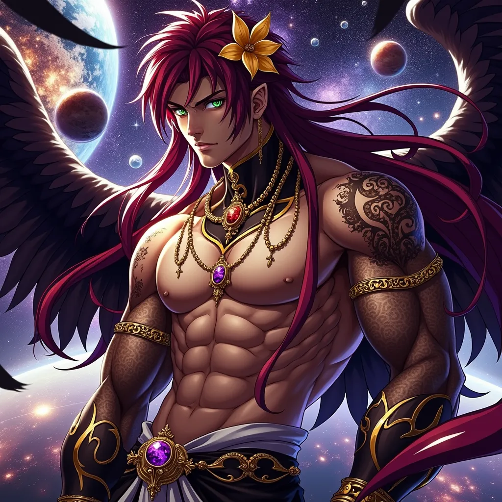 muscular male character with long crimson hair with golden flowers with intense green eyes, with black wings with gold chains with purple details, shirtless but with long black pants Gregra antique stylized with white leather belt Gregra antique stylized, ...