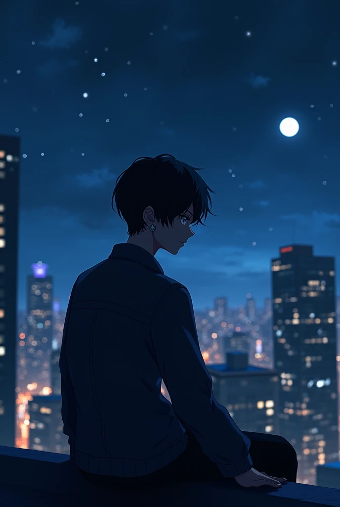 (MASTERPIECE,  high quality, High Resolution,  anime style,  photo shoot)　 young man　Short Hair　 black hair　earrings　back view　 night view　　
on the roof of the building　sitting