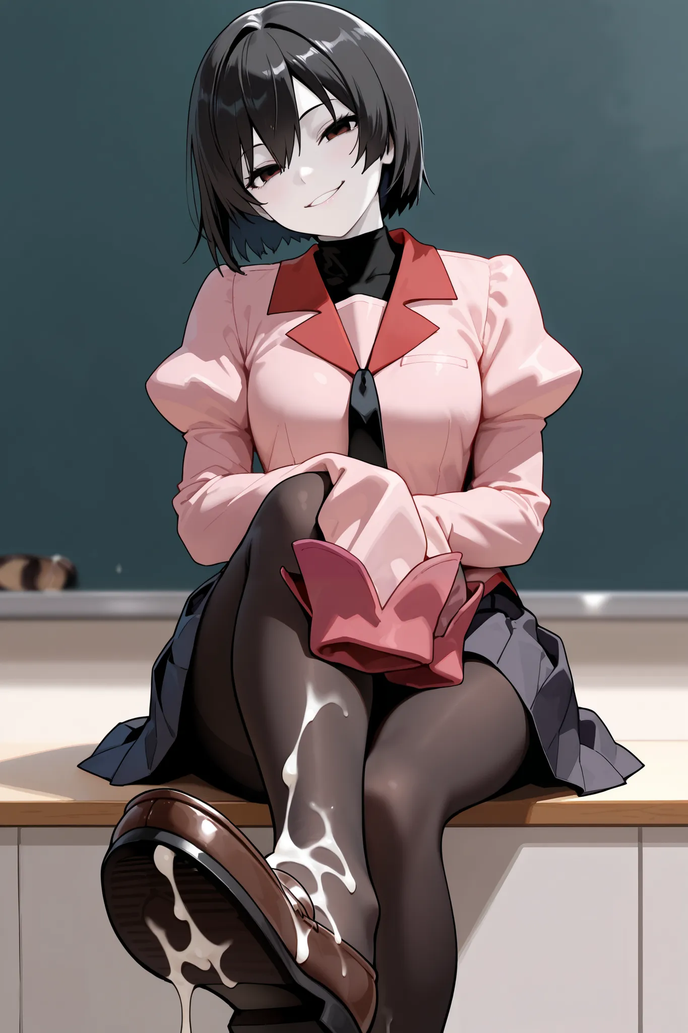  masterpiece, highest quality, High Resolution,uncorrected,oshinodef , pale skin, bob cut, naoetsu high school uniform, pink shirt, turtleneck, black necktie, long sleeves, sleeves past fingers, puffy sleeves, black undershirt, black skirt, pleated skirt, ...