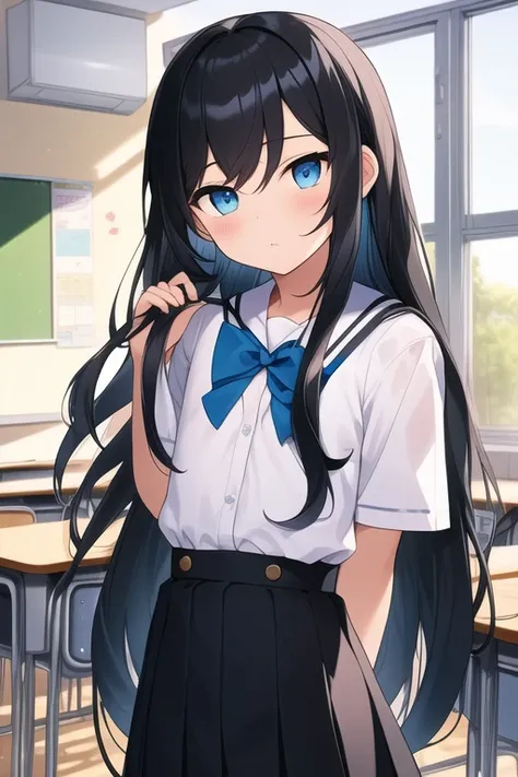 (( top quality)), ((  Masterpiece )), (  Details)
(((BLACK long hair BLUE inner hair)))
blue eyes
(((flat chest)))
Front cover
school uniform、classroom