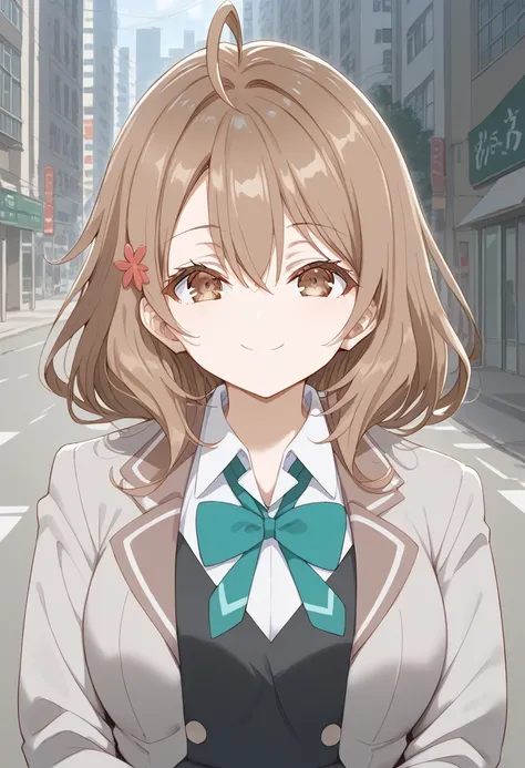 score_9, score_8_up, score_7_up, source_anime, BREAK smile,
maria mikhailovna kujou, medium hair, brown hair, ahoge, hair between eyes, hair ornament, brown eyes, 
school uniform, grey jacket, open jacket, long sleeves, green bowtie, white shirt, collared ...