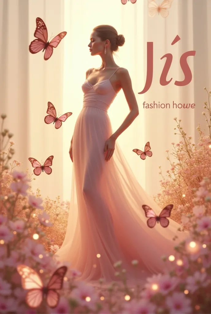 Create a logo for a store that says "Lis fashion house"In the background, play a faceless woman and some butterflies in shades of gold and metallic pink 