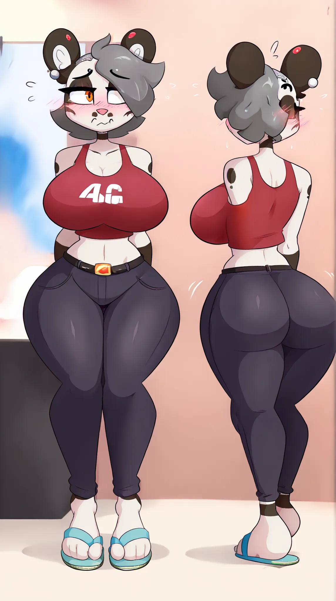 score_8_up, score_9_up, by kilinah, Yvette, ocelot, grey hair, orange eyes, crop top, big breasts,tight thicc black jeans,black belt,(((Gary mini fitted tank top))),full body,(((white flip flops))), behind back view, showing ass, blushing face, embarrassed...