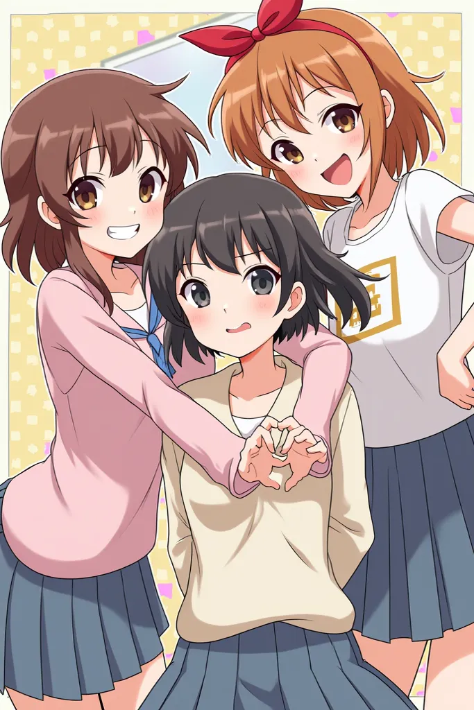 Make a metadata about Yuri, yui and yachchan from yarichin b club,  In the anime style