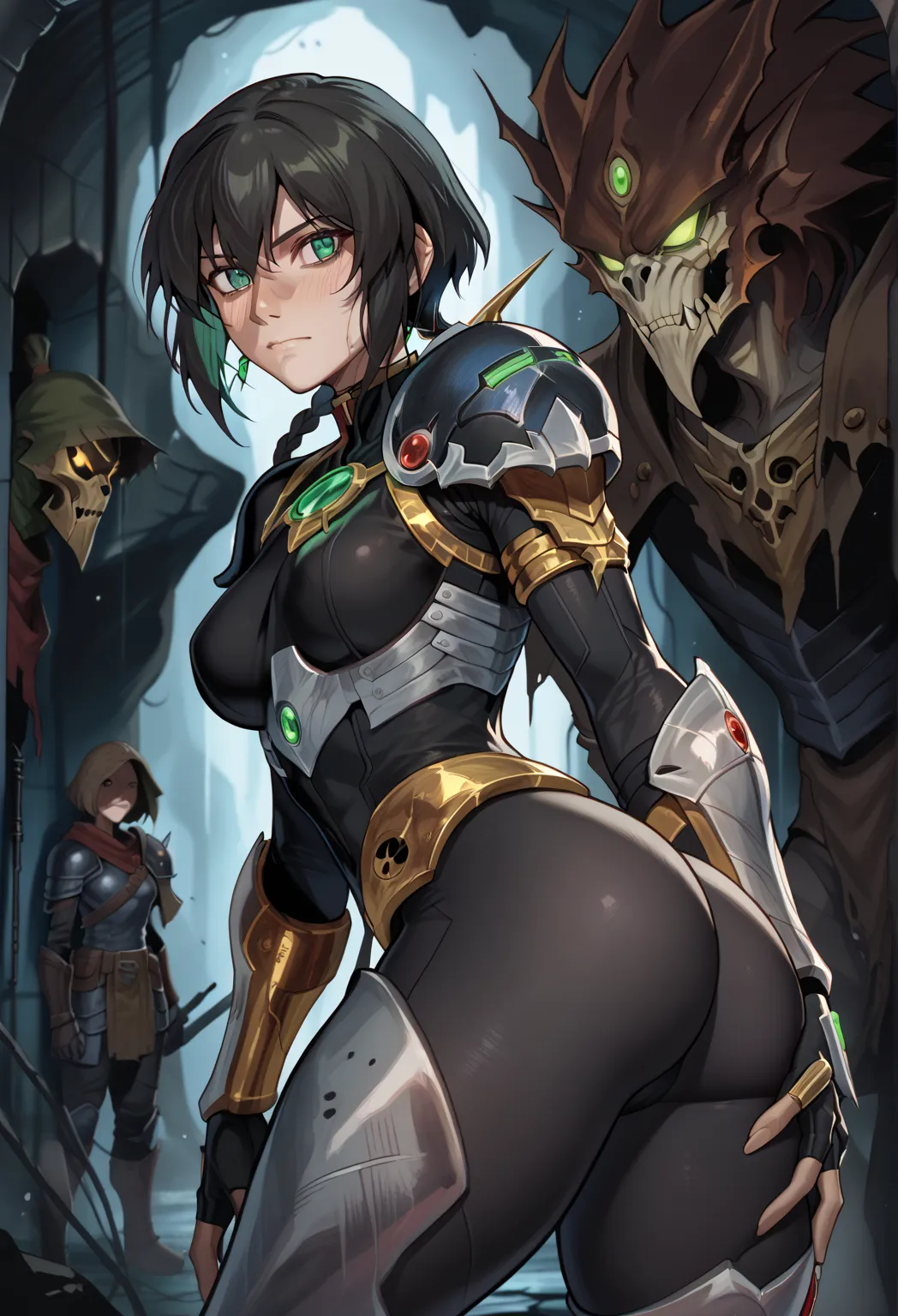 a strong and svelte human woman of about 23 years of age with black skin and with face resembling Motoko Kusanagi with a short assymetric hair cut with a small braid on a side and green eyes, wearing a light golden and blue chest thin plate armor with clot...