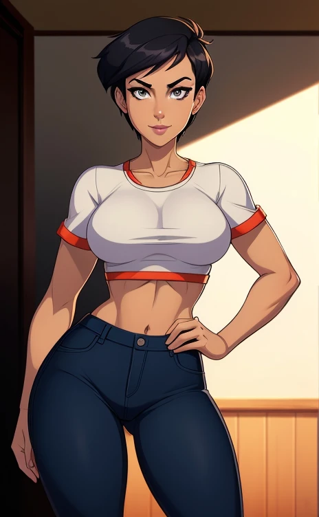 ((ultra quality)), ((masterpiece)), Lois Lane, cute smile, smile, ((black short hair tomboy hairstyle)), (Beautiful face), (beautiful female lips), (), charming, ((sexy facial expression)), (light skin color), (light skin), glare on the body, ((detailed be...