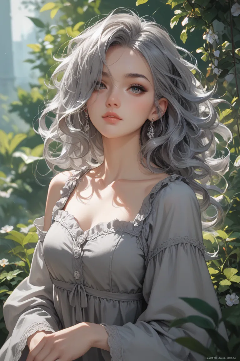 Give me an anime girl about 42 years old, I have hair with some gray hair, that her hair is black, that is somewhat attractive but that at the same time looks simple, with a cup size chest H, loose hair and wearing a gray dress 