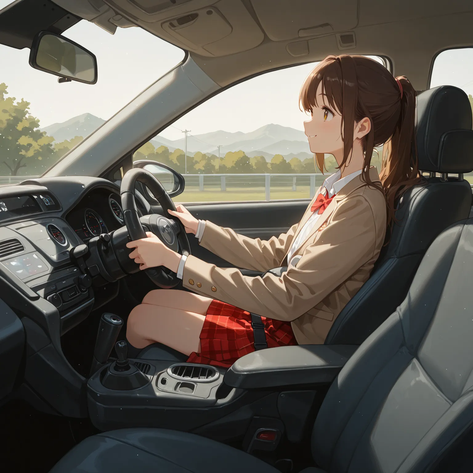 Masterpiece, hd, best quality, 2d, anime, 1girl, brown hair, ponytail, smile, wearing school uniform, wearing white collared shirt, light brown blazer, red bowtie, red plaid skirt, Sitting, driving 