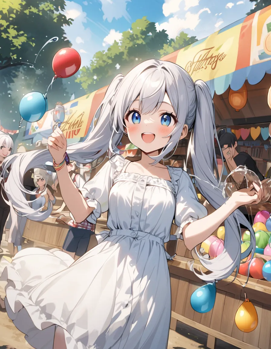  long silver hair 、beautiful girl with twin tails、smile、They're playing with water balloon yoyo at the fair