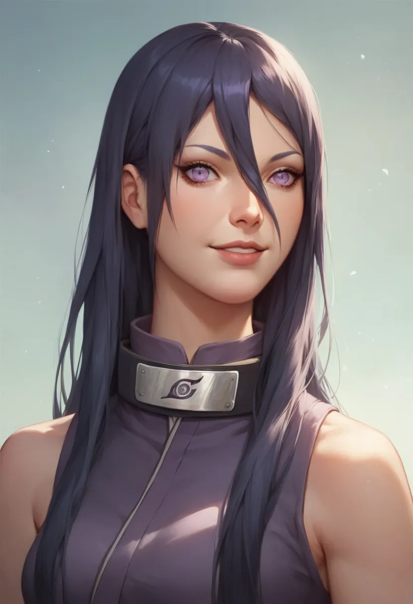  a girl, Alone, high resolution,  Long hair , breasts, smile,  looking at the spectator ,  Hair between eyes ,  Very long hair ,  Violet eyes, masterpiece,  Precise, Pintura de acción, Anatómicamente correcto,  The best quality, ninja, kunoichi, naruto Shi...