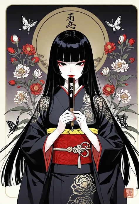 ukiyo-e, ultra complex high detail, beautiful japanese traditional culture, 1woman, delicate and feminine, five fingers at both hands, refined manners, goddess, long straight black hair with dark blue reflections, hime blunt, black eyes, mystical, whimsica...