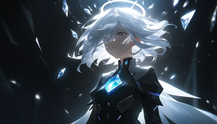 A mysterious girl with short, silver-white hair, wearing an elegant futuristic outfit made of translucent, crystal-like material. She has a glowing, shattered blindfold covering her eyes, emitting a soft ethereal light. A radiant, cracked halo of energy fl...