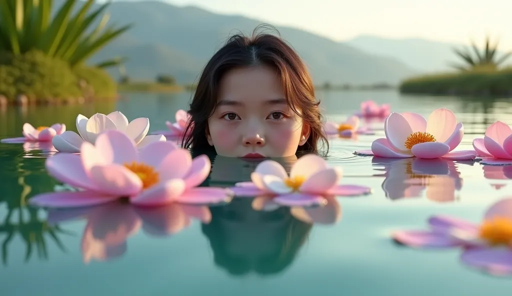 A wide-angle natural beauty scene: A young woman’s face partially visible underwater, surrounded by the clarity and reflections of the water. Around her, large, colorful flowers (in shades of pink, white, and purple) float on the water’s surface. The woman...