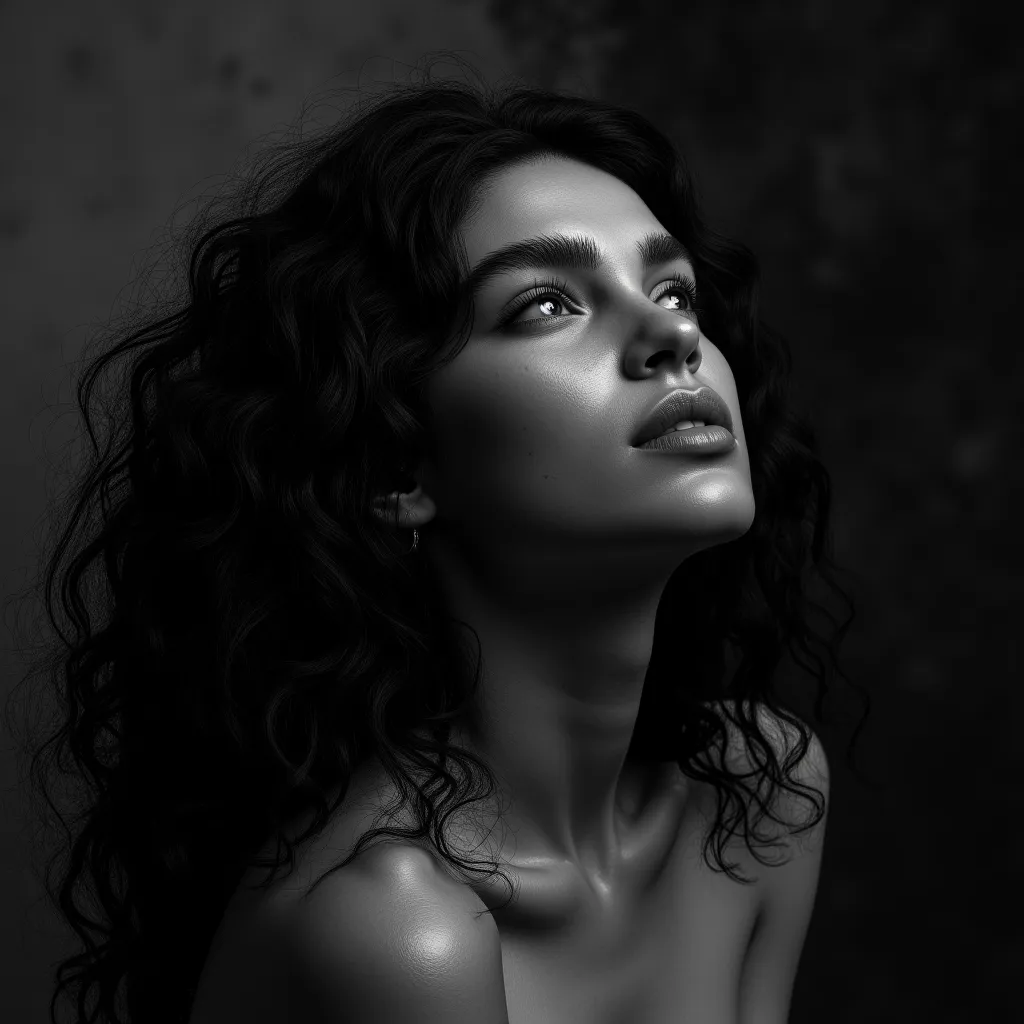 Cinematic photography, eye-level view of a young woman with long, disheveled black curly hair cascading over her bare shoulders. Her skin is pale, contrasting sharply with the dark, matte background that resembles a surface covered in black soot. She gazes...