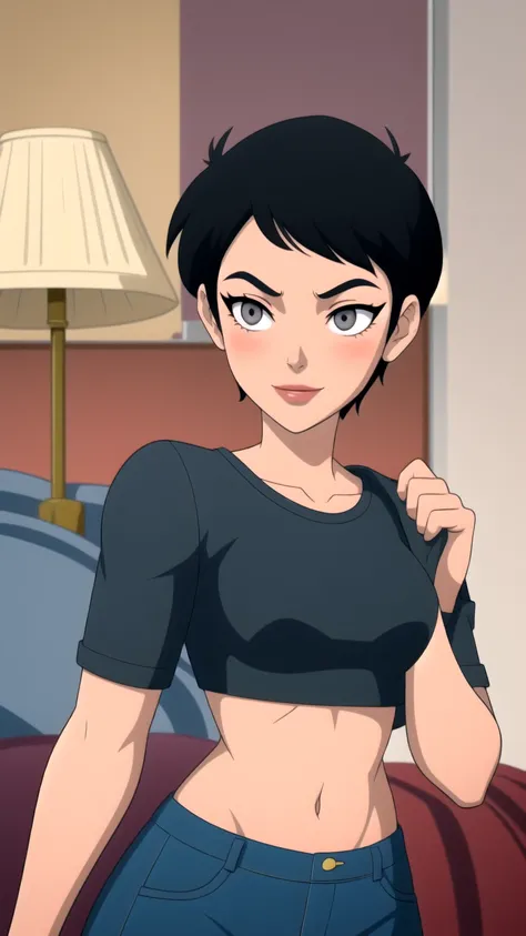 
((ultra quality)), ((masterpiece)), Lois Lane, cute smile, smile, ((black short hair tomboy hairstyle)), (Beautiful face), (beautiful female lips), (), charming, ((sexy facial expression)), (light skin color), (light skin), glare on the body, ((detailed b...