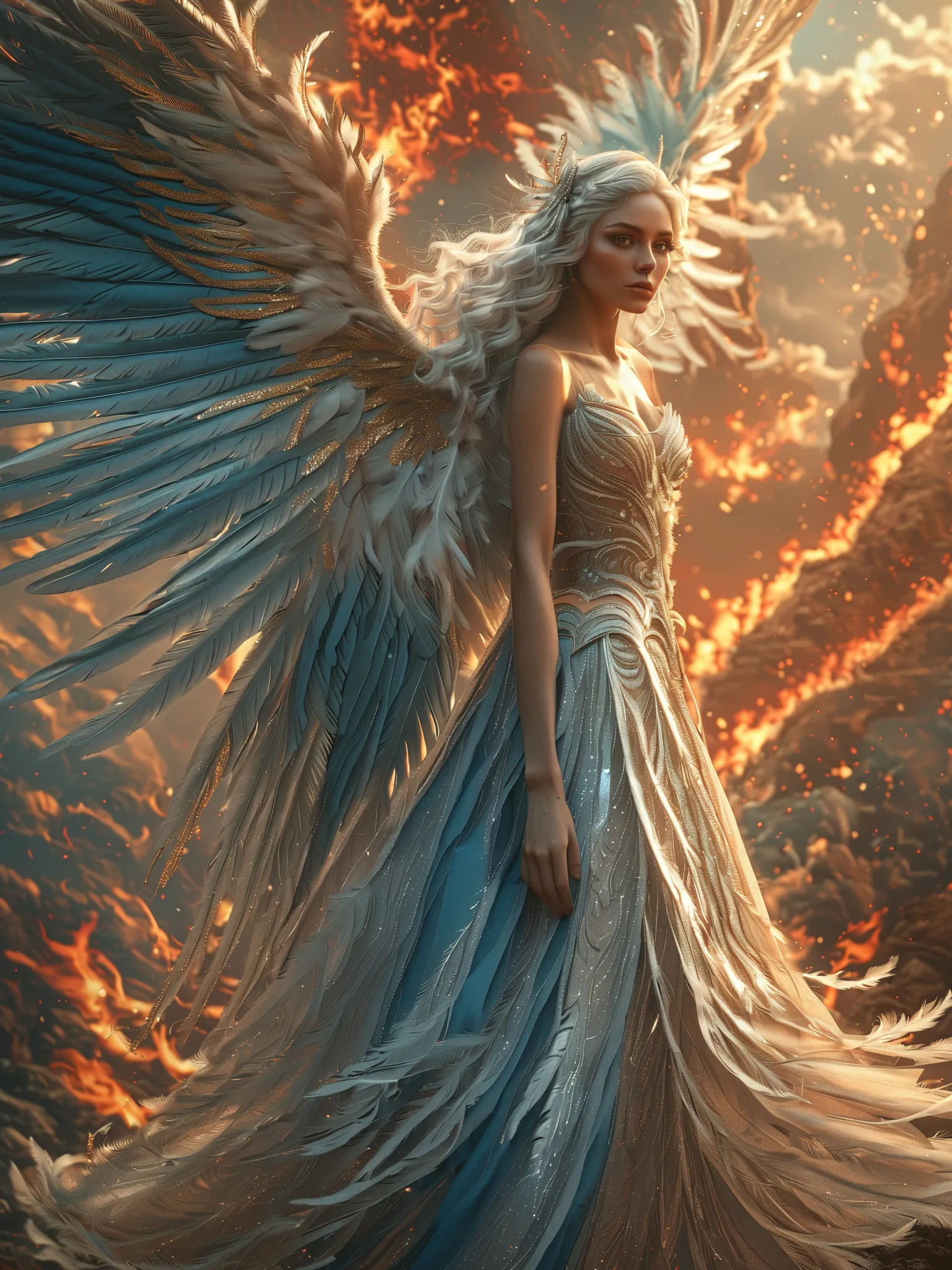 A majestic female figure with silver hair, adorned with a pair of large, feathered wings. She wears a shimmering blue dress with intricate silver patterns. Above her head, there's a circular halo with a golden flame at its center. The background is etherea...