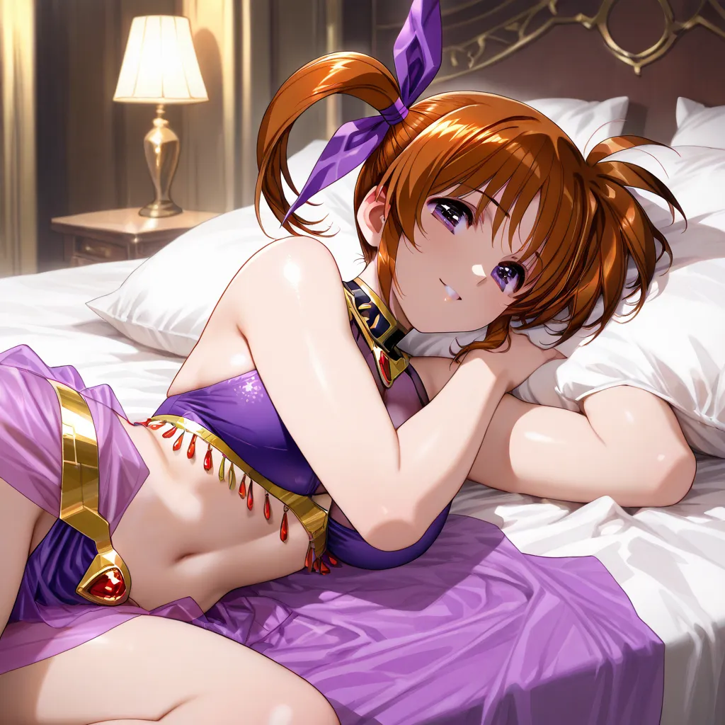 ((highest quality)), ((masterpiece)), (details), （perfect face）、Takamachi Nanoha, who has brown hair with excellent proportions, becomes the mistress of a Saudi Arabian millionaire, wears a gorgeous and sexy see-through harem costume, is dressed with gorge...